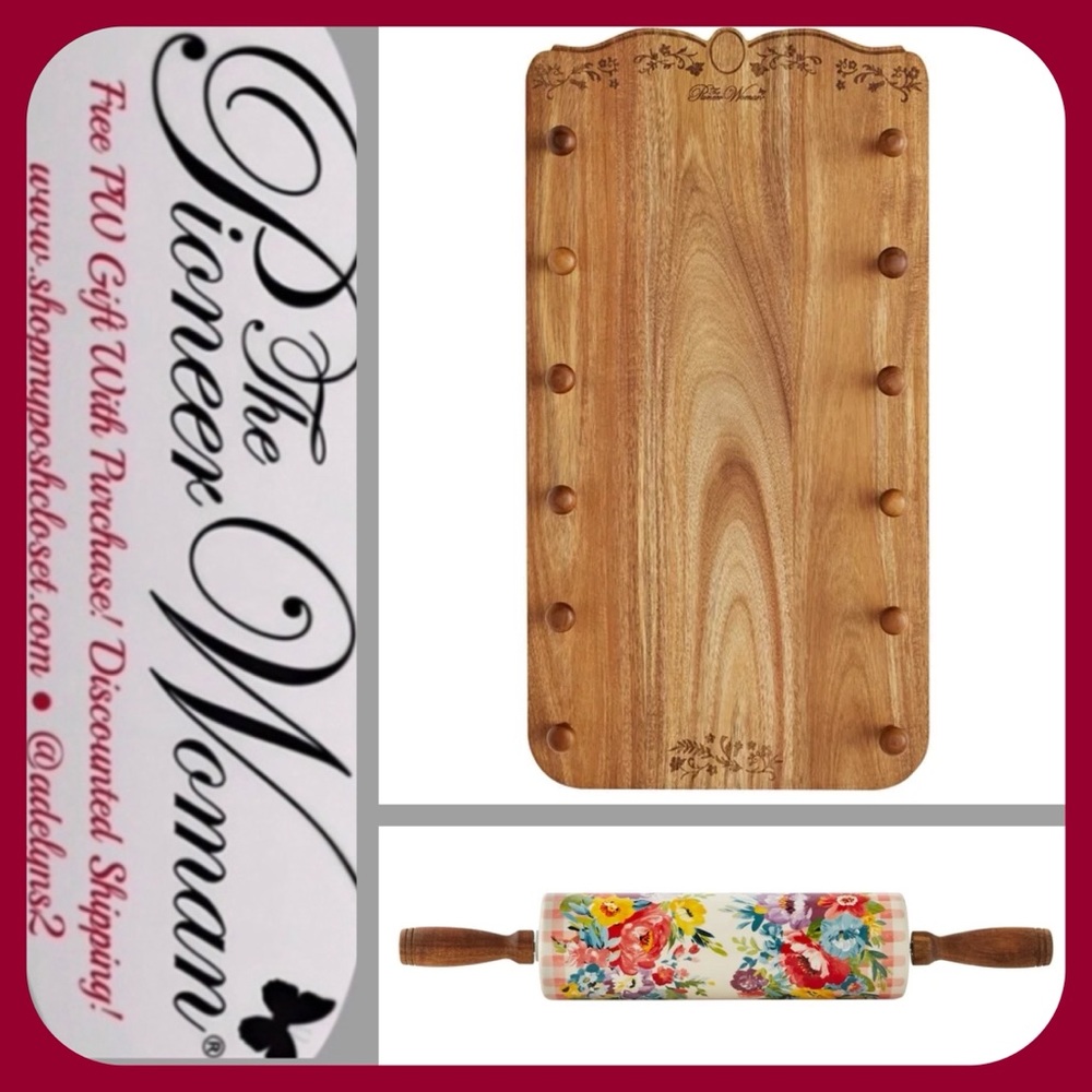 🌺 New The Pioneer Woman (1) Rolling Pin Rack & (1) Rolling Pin 🎁 Gift Set
